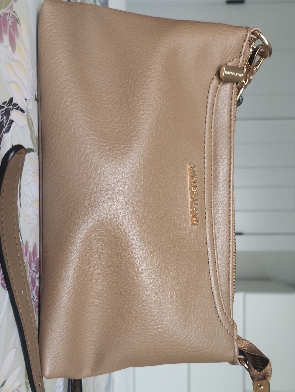 Tan Pebbled Crossbody Bag with Gold Hardware